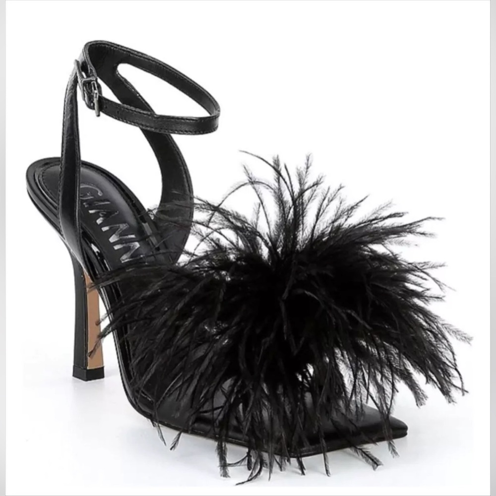 Gianni Bini Black Feather Pom-Pom Ankle-Strap Stiletto Heels
